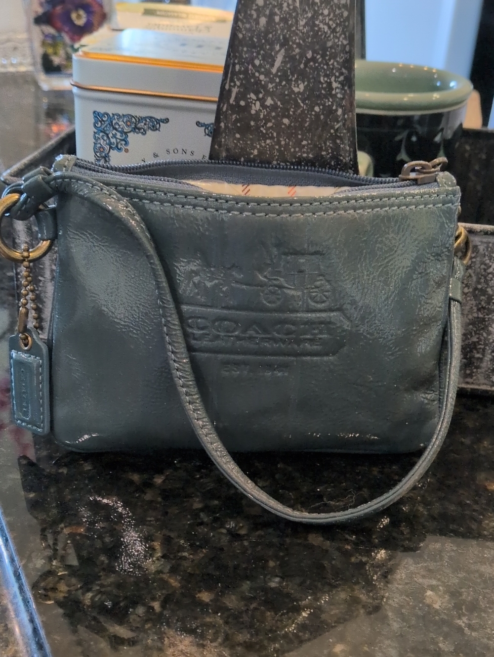 COACH Vintage Tattersall Teal Patent Leather Wristlet Crossbody